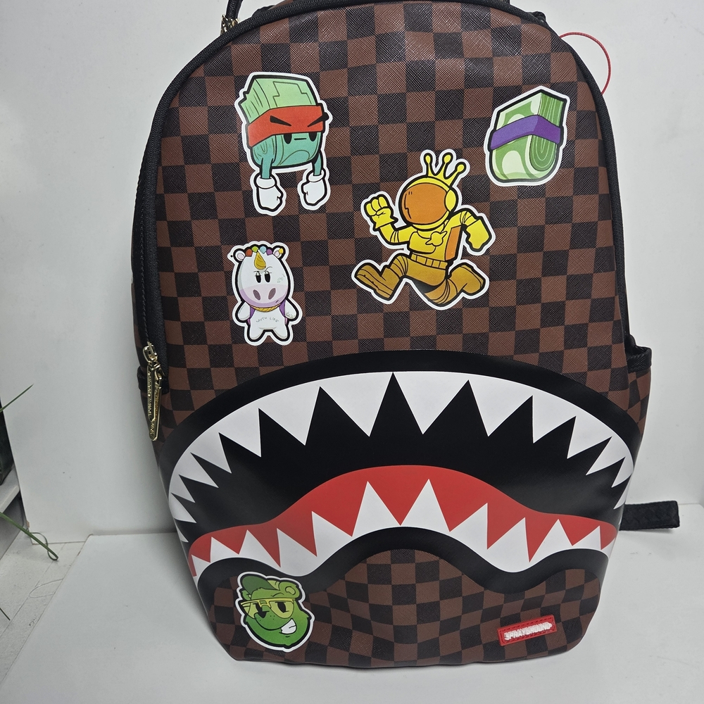 Sprayground Brown Checkered Backpack with Graphic Accents